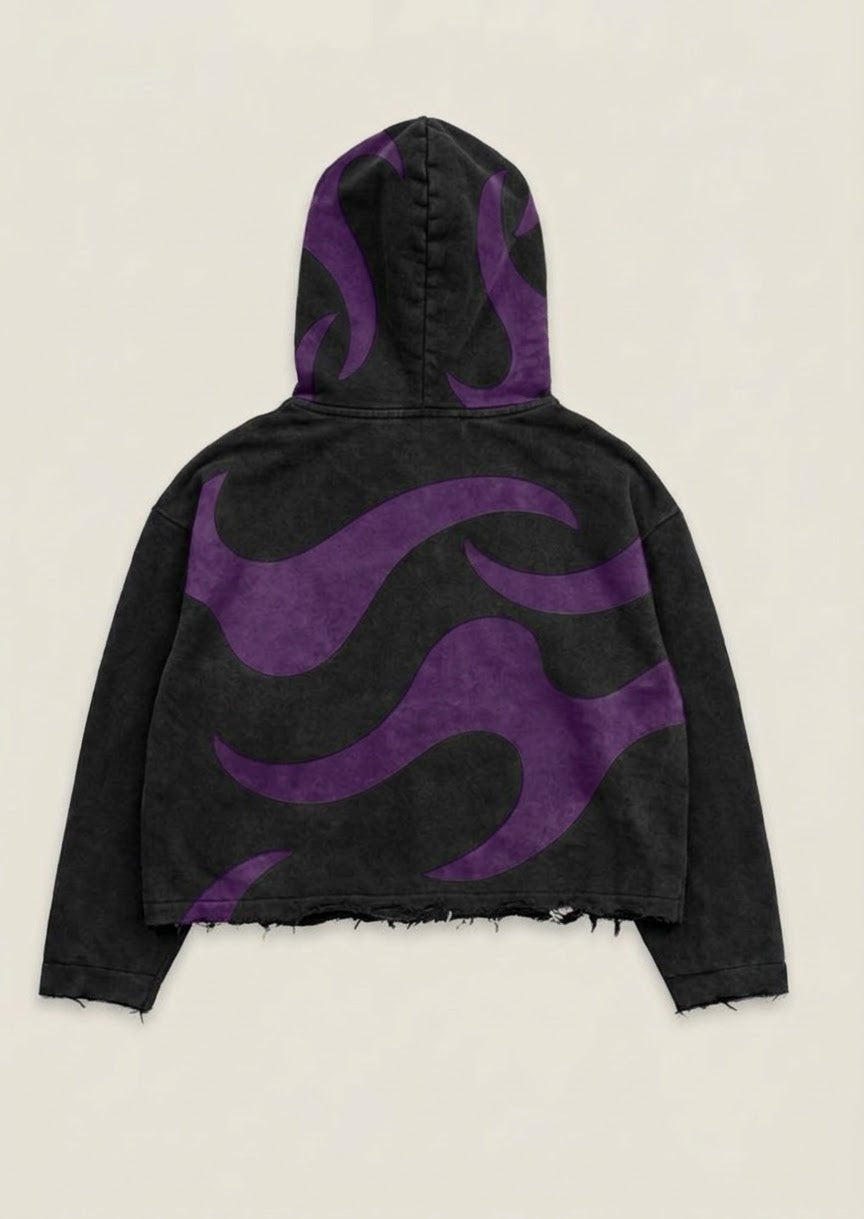 purple flame-patterned hoodie